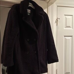 Kensie Black Teddy Faux Fur Double-Breasted Coat